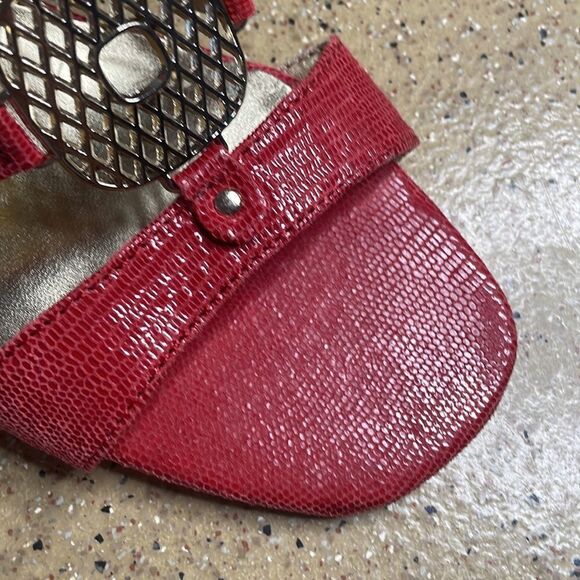 Anne Klein iFlex red lizard embossed sueded leather wood heel comfort sandals - Picture 10 of 16